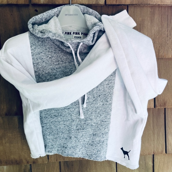 PINK Victoria’s Secret  GRAY & WHITE HOODED CROPPED SWEATSHIRT  Size XS - Picture 12 of 12